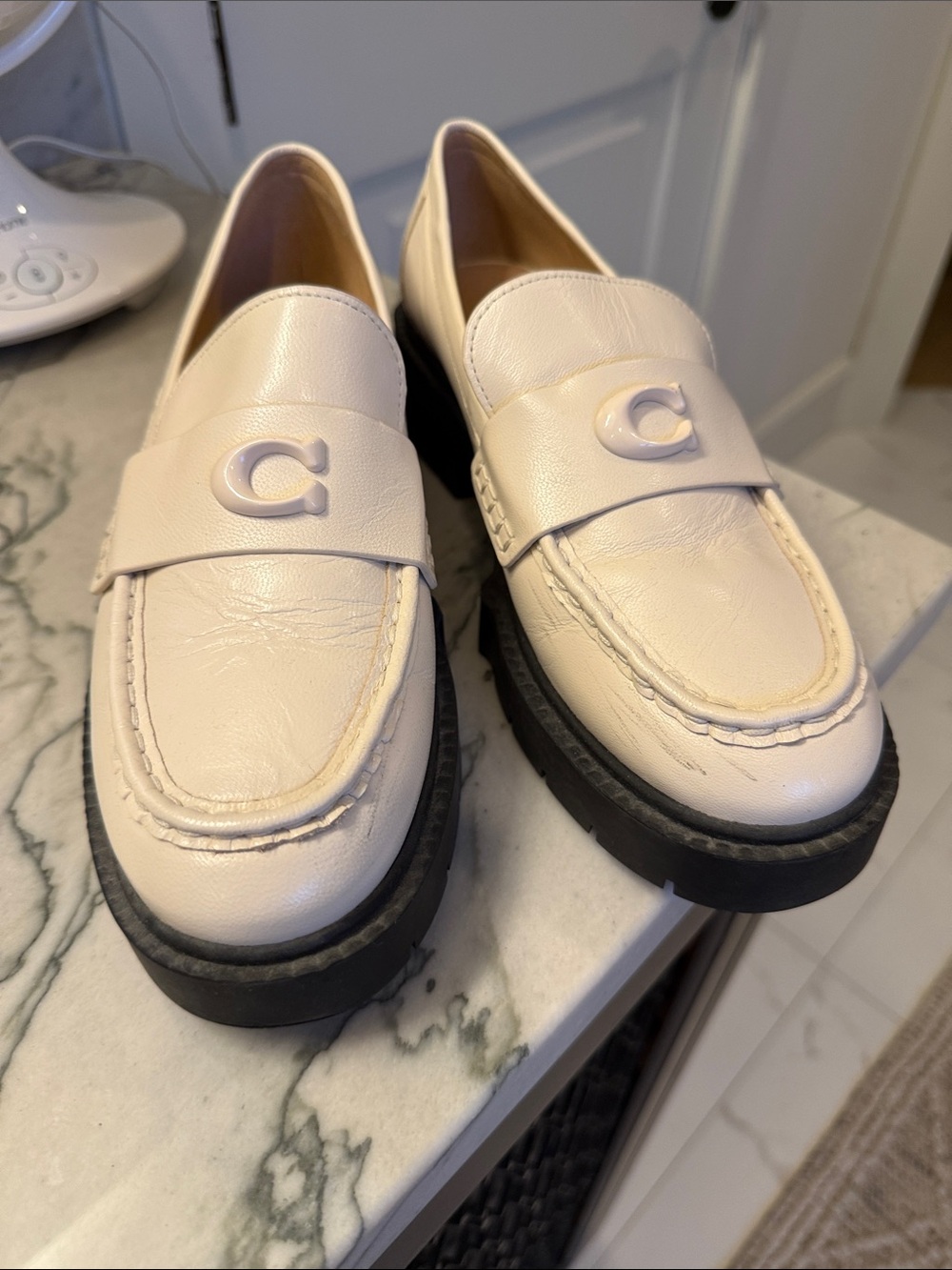 Coach Cream Leather Platform Penny Loafers with Signature C
